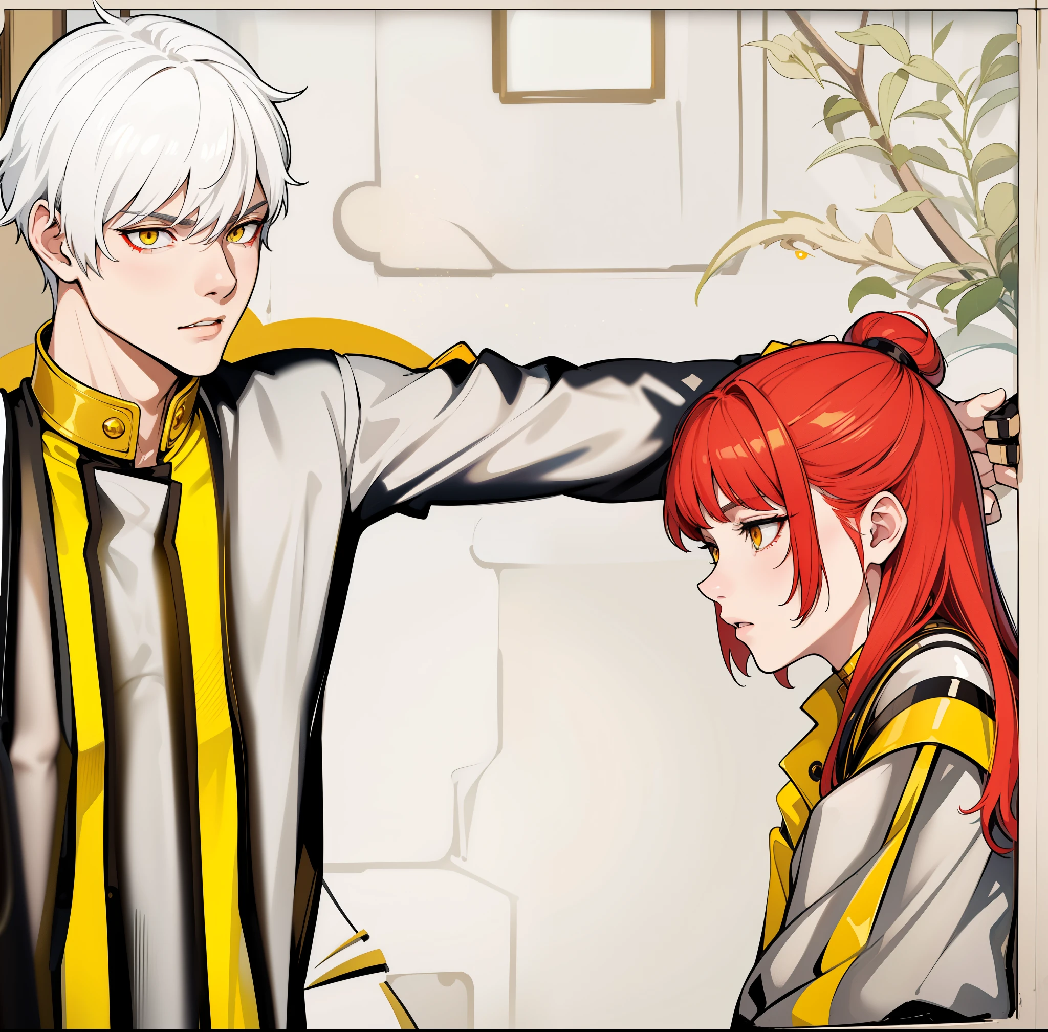 There is a boy with white hair, yellow eyes and a girl with red hair and red eyes, they are talking seriously, worried about an important delicate topic., You have black clothes with yellow lines and they have golden collars and golden shoulder pads.