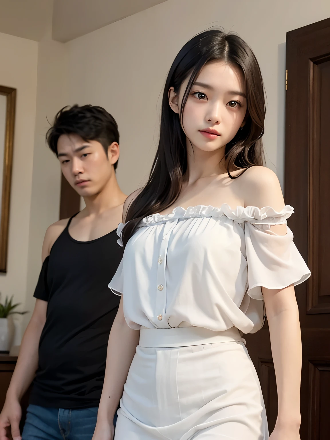 masterpiece，Highest quality，Advanced Details，1 male，1 female，((Empty room:1.4))、((Japanese woman with straight medium-long hair:1.4))，16 year old female:1.7、((White short sleeve chiffon off-shoulder open front shirt:1.4))、(((White chiffon short sleeve shirt:1.7)))、((A woman wearing a denim skirt that accentuates her thighs:1.4))、日本人中年1 male，Men with short black hair，the man is very handsome，((Man grabbing woman&#39;s shoulder:1.4))，The woman is short，the man is tall，Reflects the height difference between men and women、the man&#39;Height is 175 cm.，((二人はEmpty roomに立っている:1.5))、Women play a leading role、Women are skinny，Small breasted women、Woman with sad expression