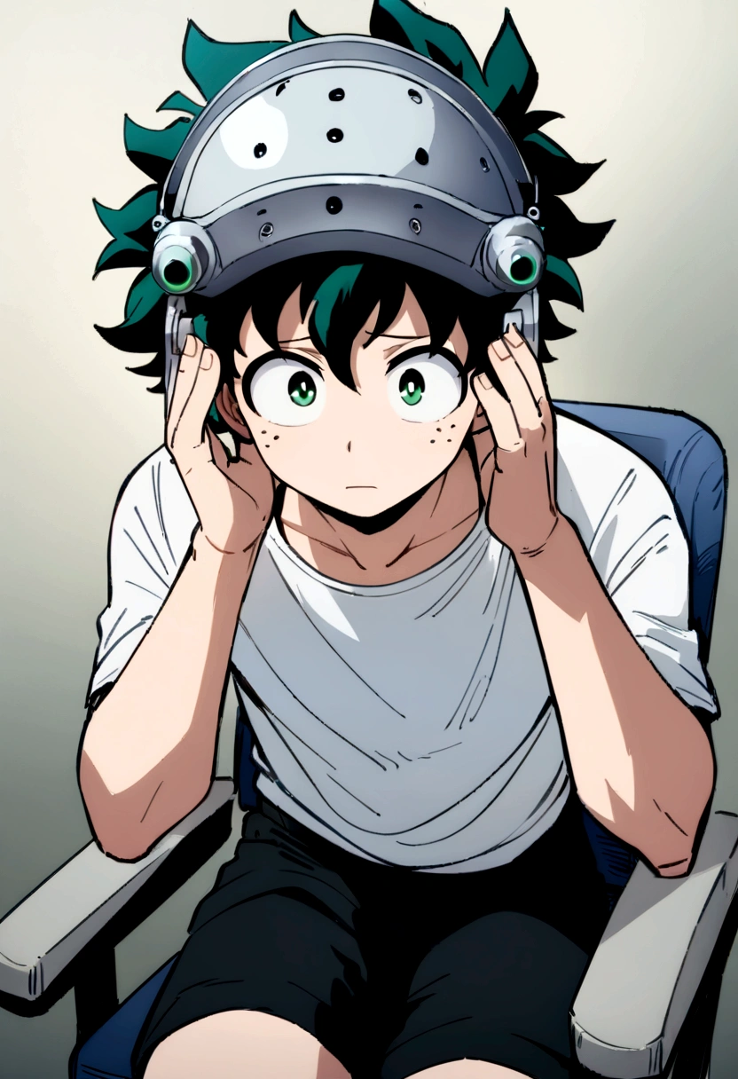 (masterpiece, best quality:1.2), solo, male focus, 1boy, midoriya izuku, short green hair, green eyes, white t-shirt, black shorts, domed helmet with visor covering eyes, mind control device, blank expression, relaxed body posture, sitting in chair, anime style, my hero academia style