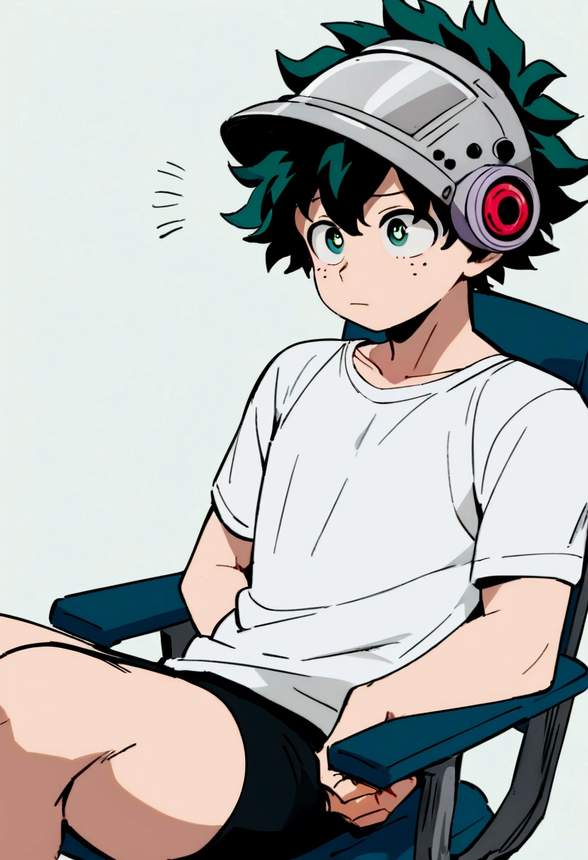 (masterpiece, best quality:1.2), solo, male focus, 1boy, midoriya izuku, short green hair, green eyes, white t-shirt, black shorts, domed helmet with visor covering eyes, mind control device, blank expression, relaxed body posture, sitting in chair, anime style, my hero academia style