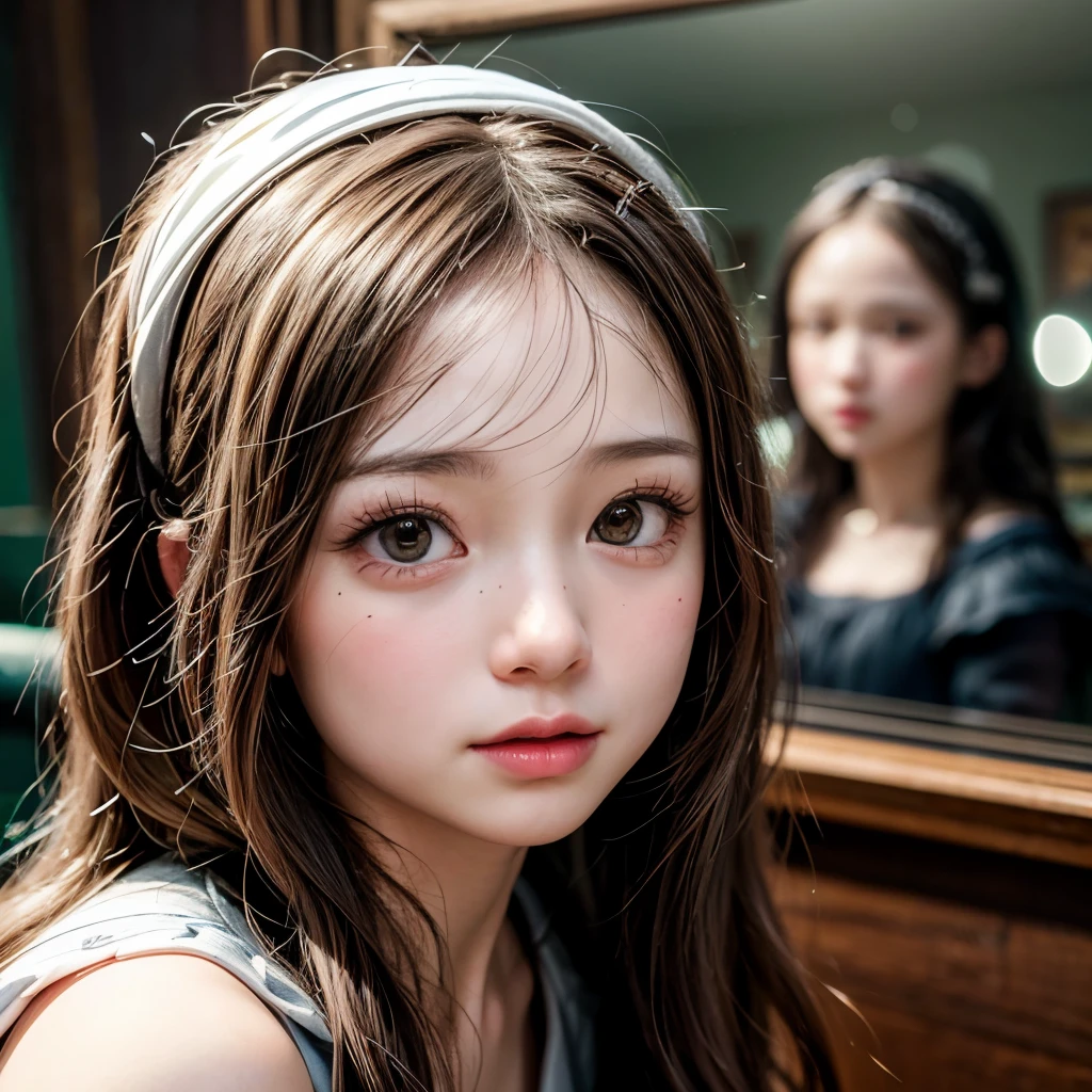 NSFW, 8k, High-level, absurd, masterpiece, best quality, primitive, very detailed CG, very detailed wallpaper, perfect lighting, Extremely detailed (((The personifying " Mona Lisa " as a Little Girl))), MysticSight, Tyndall effect, Tyndall scattering, Studio gray background with (many Dazzling RainbowColor particles BokeH:1.28), (RoundlyButts, ThighGap), (Exposed:0.4), (Assfocus with looking ahead), BREAK (NOGIZAKA face variations) Extremely Detailed very KAWAII face variations, perfect anatomy, Childish, captivating gaze, elaborate detailed Eyes with (sparkling highlights:1.28), long eyelashes、Glossy RED Lips with beautiful details, Coquettish tongue, Rosy cheeks, Radiant PearlSkin with clear transparency . { (Dynamic LifeLike expressions:1.4) | :d) }, (large eyes:-1) .