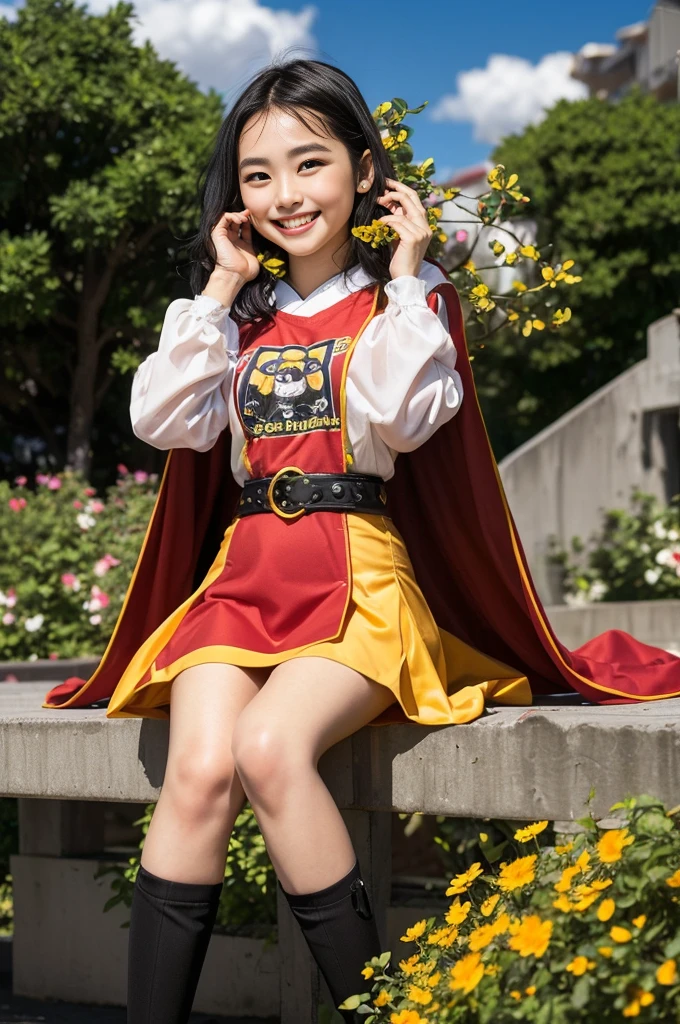 （8K、Raw photography、Highest quality、masterpiece：1.2),(Black Hair、Dark Eyes:1.9),(:1.6)、View your audience,Viewed from the front,White skin,(:1.3)、(Tight waist:1.6)、(Clothes that accentuate the shape of the breasts:1.0)、(Big Breasts :1.3)、Slim figure、Ultra-high resolution,beautiful,beautiful fece,(One person、No background:1.9),whole bodyボディー,Japanese women,（reality的：1.37）、Photon Mapping,reality、(Baby-faced and cute: 1.4)、(Cute Smile: 1.8)、(Round face: 1.8)、Radio City、Physically Based Rendering、Depth of field rally background、photograph, (I can see your knees、Thigh close-up:1.8),（:1.6）,whole body、Great quality