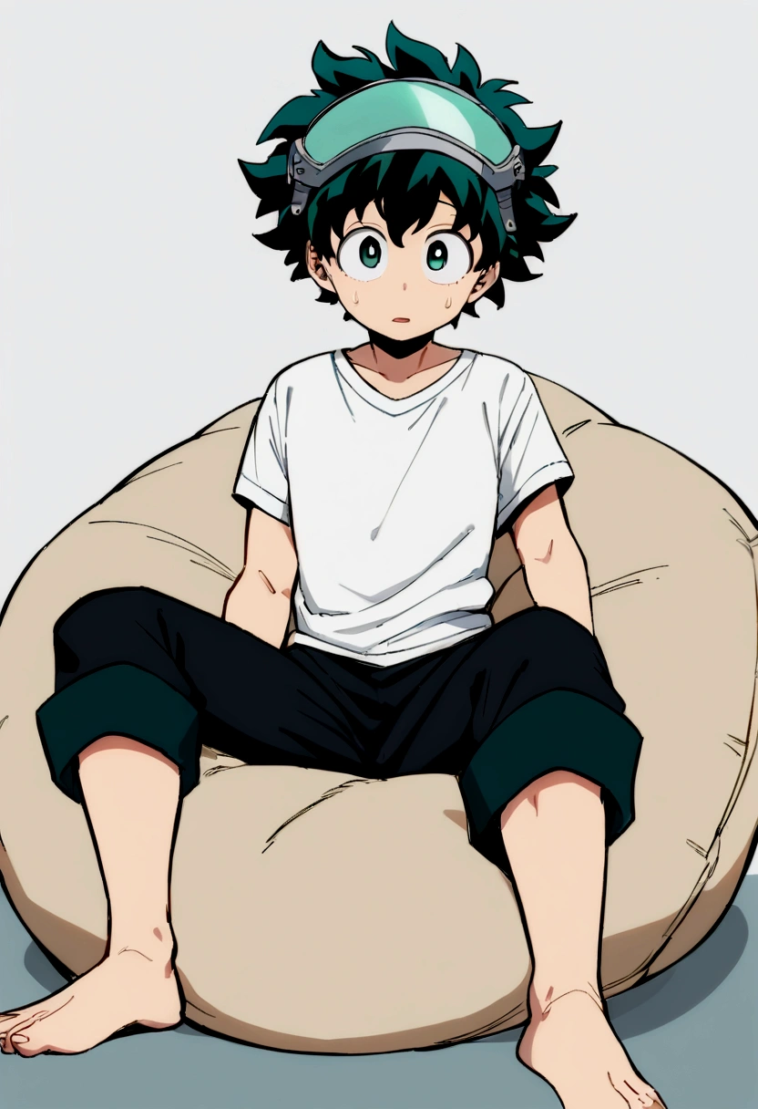 (masterpiece, best quality:1.2), solo, male focus, 1boy, midoriya izuku, short green hair, green eyes, white t-shirt, black shorts, domed helmet with visor over eyes, mind control device, blank expression, mouth hanging open, sitting in bean bag, anime style, my hero academia style