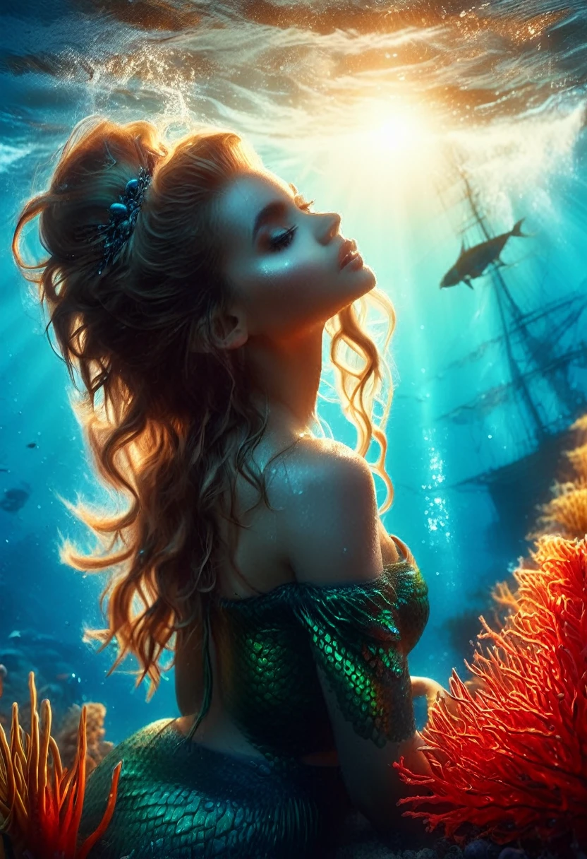 (best quality,4k,8k,highres,masterpiece:1.2),ultra-detailed,(realistic,photorealistic,photo-realistic:1.37),1girl, beautiful detailed eyes, beautiful detailed lips, extremely detailed face, long eyelashes, Emma Watson as a mermaid, mermaid tail, underwater scene, coral reef, colorful fish, glowing bioluminescent algae, shimmering scales, seaweed, dramatic lighting, vibrant colors, cinematic composition