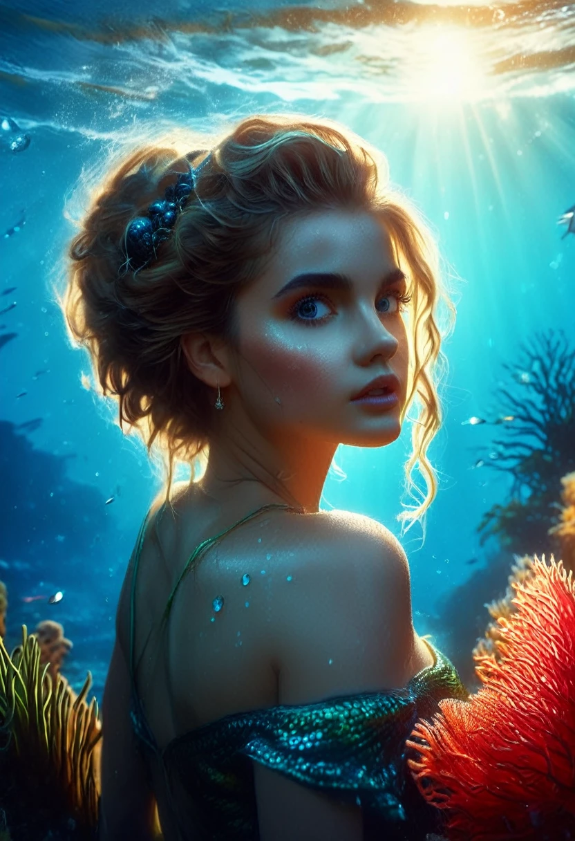 (best quality,4k,8k,highres,masterpiece:1.2),ultra-detailed,(realistic,photorealistic,photo-realistic:1.37),1girl, beautiful detailed eyes, beautiful detailed lips, extremely detailed face, long eyelashes, Emma Watson as a mermaid, mermaid tail, underwater scene, coral reef, colorful fish, glowing bioluminescent algae, shimmering scales, seaweed, dramatic lighting, vibrant colors, cinematic composition