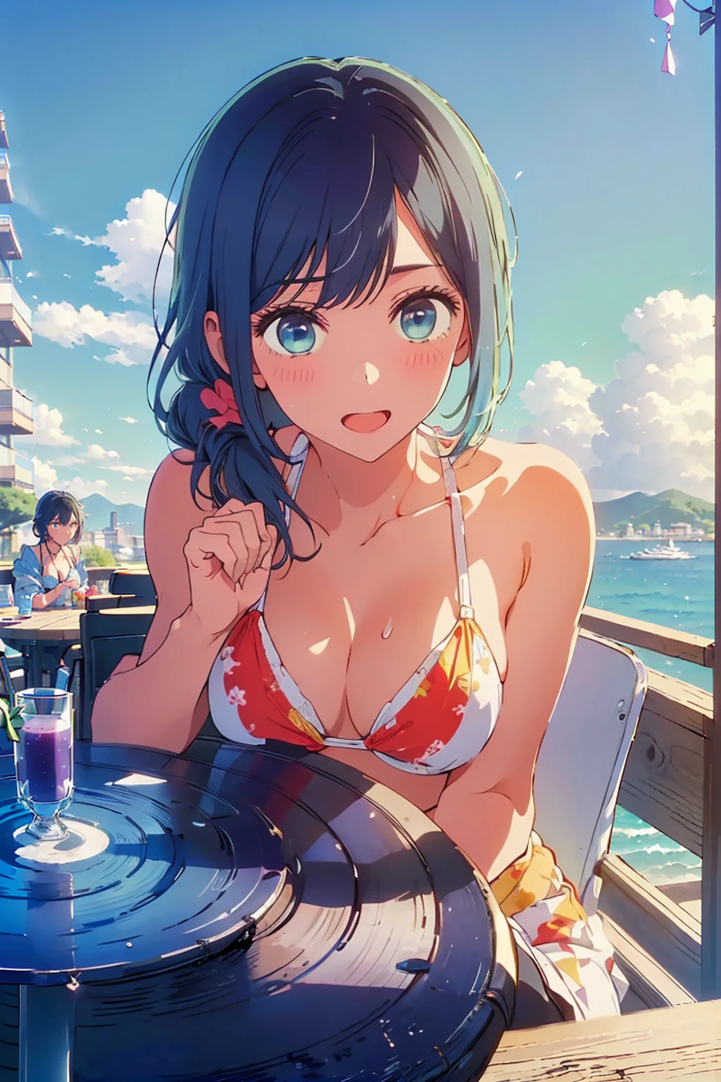 (Highest quality:1.4、8K:1.4、detailed)、F cup bust、Big Breasts、Slim body、Very white beautiful skin、((((1 person、Surprised expression、Wink、sit、Chair、In the background are the urban buildings of Tokyo、looking at the camera、Outdoor café terrace、coastal、Navy hair color、juice、White side string high leg bikini、Shooting up close、table、Very cute face))))、(Wavy low ponytail:1.4、Pose of putting hair behind ears with hands:1.4)、Areola、Nipples、Very blue sky、A completely cloudless sky