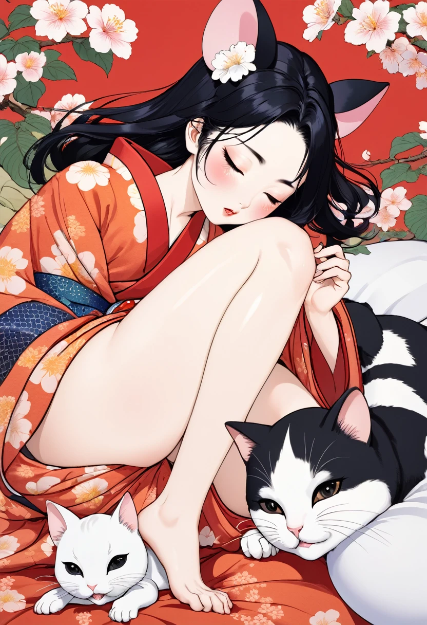 (utamaro style:1.2) , Hallucination, daydream , nightmare , Insane Dream , bokeh , erotica , romance , realistic mouse nymph and realistic cat , kimono , futon , Petals fluttering down , Single eyelids, round nose, swollen cheeks , Mount Fuji, Hawk, licking Eggplant