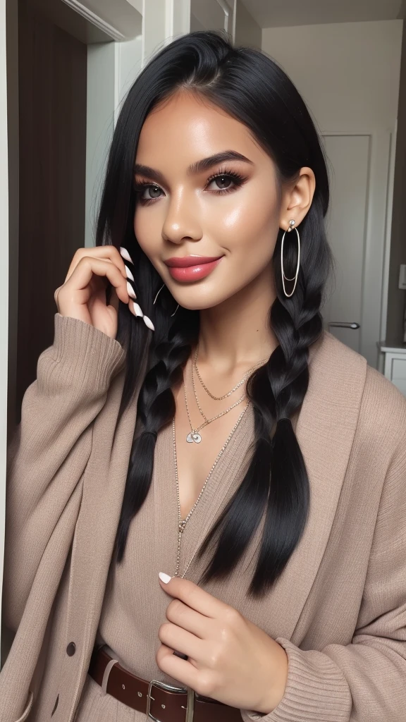 a girl who is making a silly face is looking left with the pink room in the background, 1girl, solo, jewelry, belt, black hair, earrings, necklace
