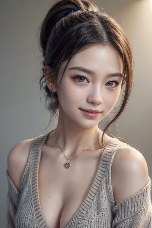 (work of art:1.3), (8K, photorrealistic, CRU photo, best quality image: 1.4), (chest up photo) Japanese 、(Ponytail hair:1.2)、neckleace:1.2、super detailed face、Attention to the details、double eyelid、Bring your chest together、sharp focus:1.2、Beautiful woman:1.4、Bblack hair、highest quallity、work of art、Super high resolution、(photorrealistic:1.4)、Large, highly detailed and professionally lit smile、Loose, light knitwear、Shoulder out、fine tune、ssmile、medium hair、Deadly position,