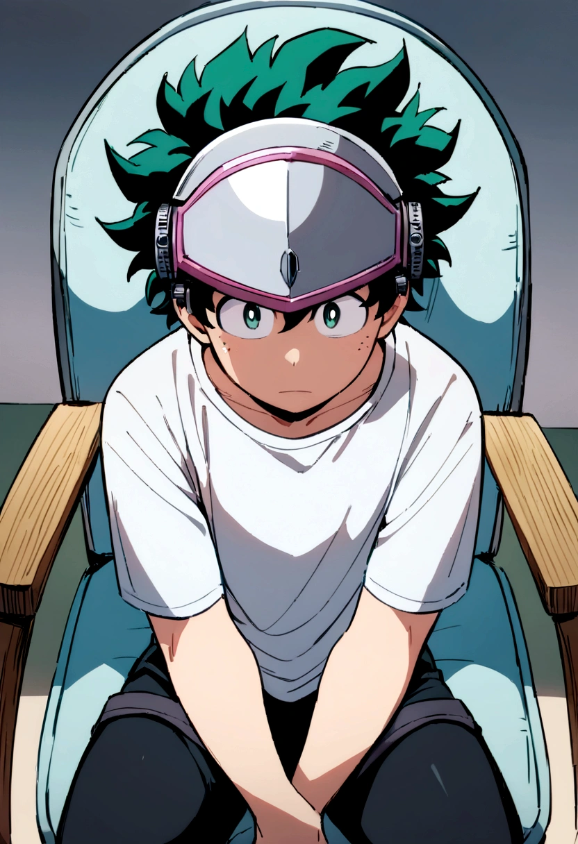 (masterpiece, best quality:1.2), solo, male focus, 1boy, midoriya izuku, short green hair, green eyes, white t-shirt, black shorts, domed helmet with visor covering eyes, mind control device, blank expression, relaxed body posture, sitting in chair, anime style, my hero academia style