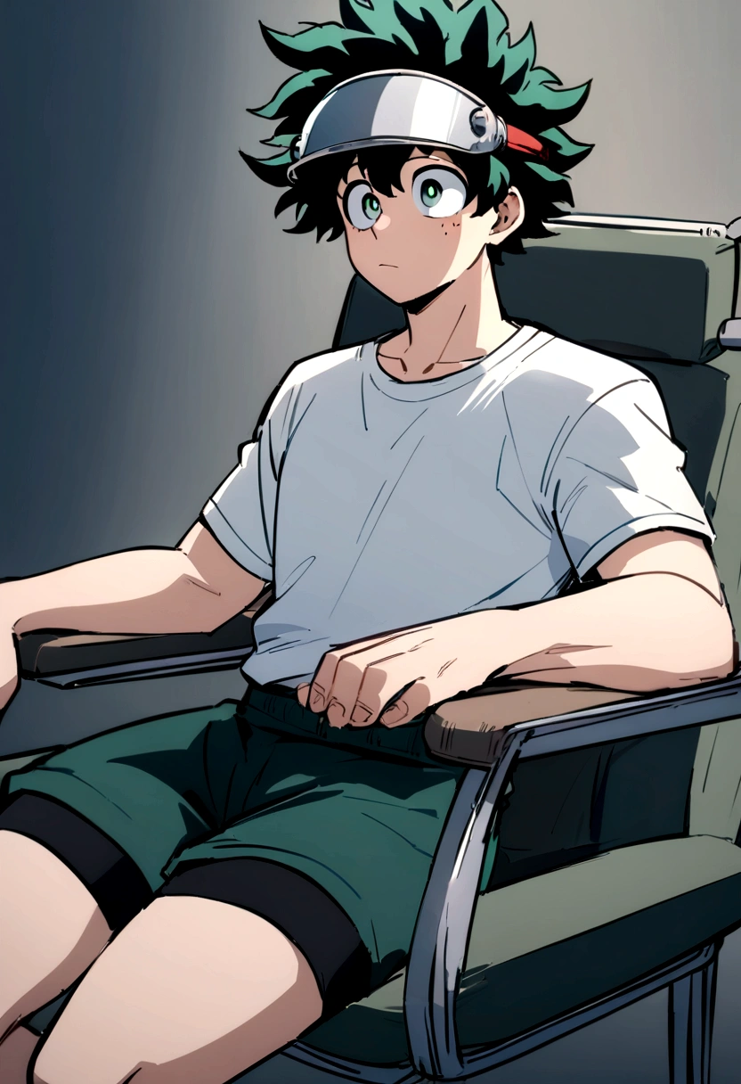 (masterpiece, best quality:1.2), solo, male focus, 1boy, midoriya izuku, short green hair, green eyes, white t-shirt, black shorts, domed helmet with visor covering eyes, mind control device, blank expression, relaxed body posture, sitting in chair, anime style, my hero academia style