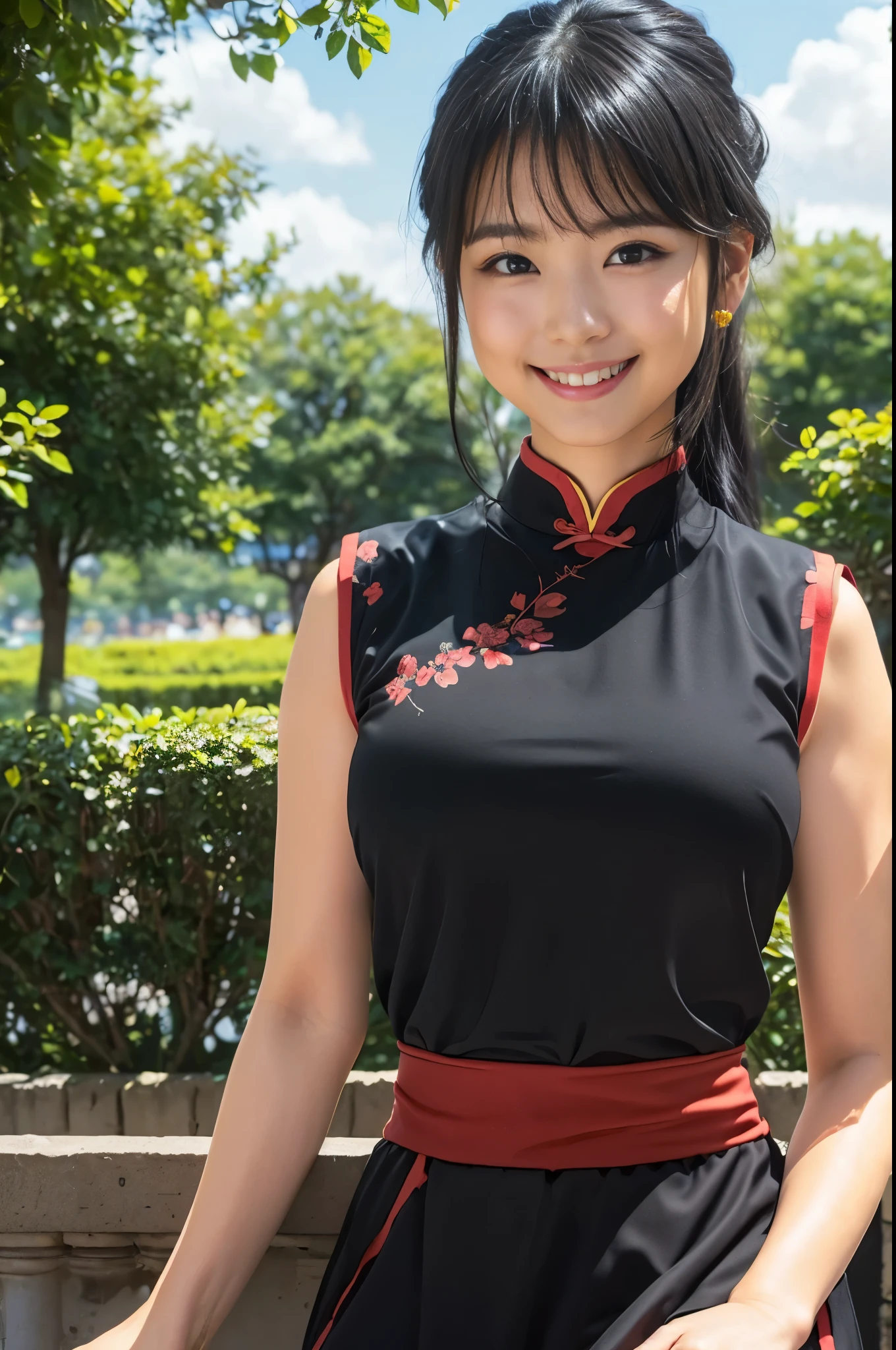 (8K、Raw photography、Highest quality、masterpiece:1.2),(Black Hair、Dark Eyes:1.9),(China dress:1.4)、View your audience,Front view,White skin,(ponytail:1.3)、(Tight waist:1.6)、(Clothes that accentuate the shape of the breasts:1.0)、(Big Breasts :1.3)、Slim figure、Ultra-high resolution,beautiful,beautiful fece,(One person、No background:1.9),whole bodyボディー,Japanese women,(reality的:1.37)、Photon Mapping,reality、(Baby-faced and cute: 1.4)、(Cute Smile: 1.8)、(Round face: 1.8)、Radio City、Physically Based Rendering、Depth of field rally background、photograph, (I can see your knees、Thigh close-up:1.8),(:1.6),whole body、Great quality