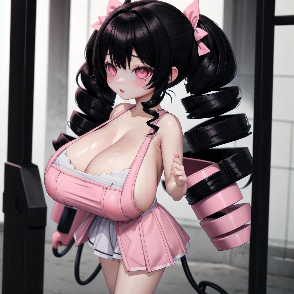 black hair, female, twin drills, solo, smol, pink eyes, massive breasts, very long hair, wear cute outfit, masterpiece, ultra high quality