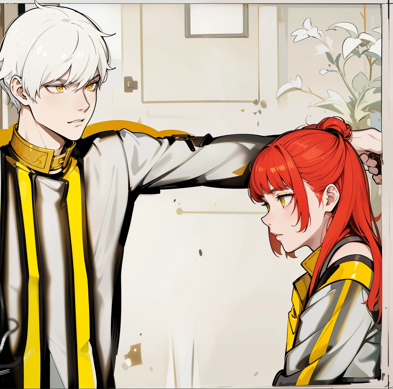 There is a boy with white hair, yellow eyes and a girl with red hair and red eyes, they are talking seriously, worried about an important delicate topic., You have black clothes with yellow lines and they have golden collars and golden shoulder pads.
