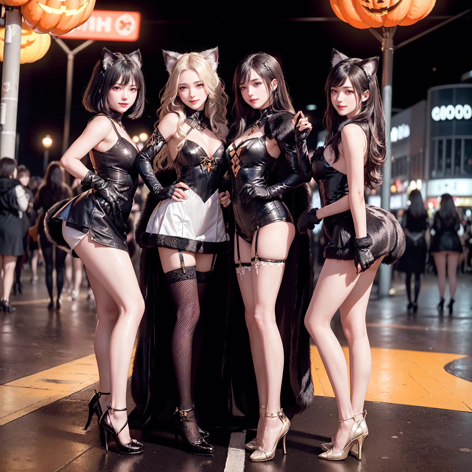 masterpiece, top-quality, top-quality, Beautifully Aesthetic:1.2, ((3girls)), Halloween night, 
((Middle girl is Wearing a high-quality Black Cat costume of fur, gloves of Cat, fur miniskirt):1.2), high detailed, 
((Left girl is Wearing a high-quality Red Cat costume of fur, gloves of Cat, fur miniskirt):1.2), high detailed, 
((Right girl is Wearing a high-quality Blue Cat costume of fur, gloves of Cat, fur miniskirt):1.2), high detailed, 
(Three girls are standing side by side in a neat line:1.3), large breasts, firm breast, nicely shaped breasts, slender figure, 
((Dark Brown Hair)), wavy hair, (medium long hair:1.2), 
((At the middle of very crowded Shibuya Scramble Crossing decorated with Halloween decorations at late night:1.2)), ((Surrounded by many people dancing for Three girls)), (Full body shot:1.1), (From side:1.3), (Looking at viewer),