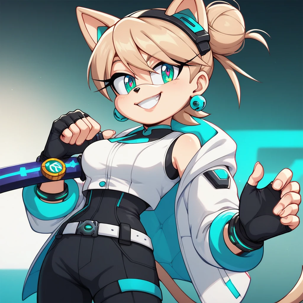 score_9, score_8_up, sonic (series), 1girl, female mobian, cat, adult, future style, light beige, light beige hair, green-cyan pupils, cat tail, smile, bang, two strands on hair, cyan colored strands, hair in a bun, medium breasts, white vest, white and cyan colored hooded jacket, black fingerless gloves, future smart watch on hand, one silver earring on right ear, black sport pants, black katana sheath on the belt, by Akami Mirai
