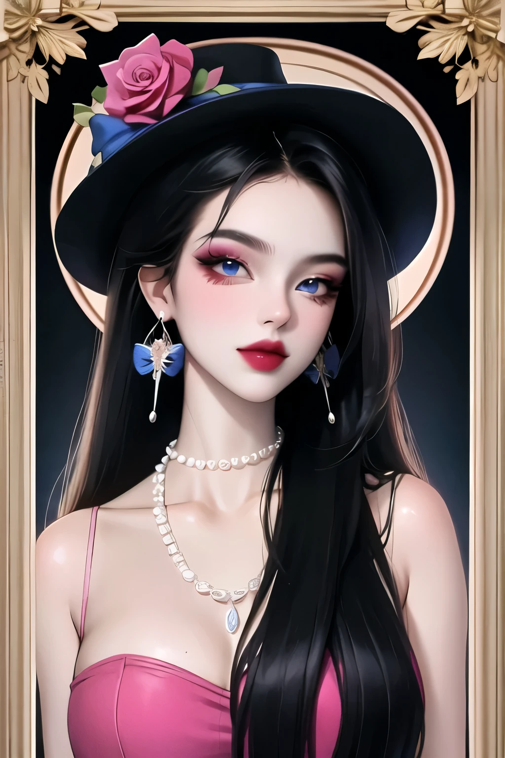 1 girl,have, decorations, earring, black hair, flower, rose, black flower, alone, lipstick, blue eyes, pink lips, set, black gloves, pearl necklace, look at viewer, put on makeup, necklace, black rose, black hat,Wampai,blue butterfly perching,long hair,straight hair