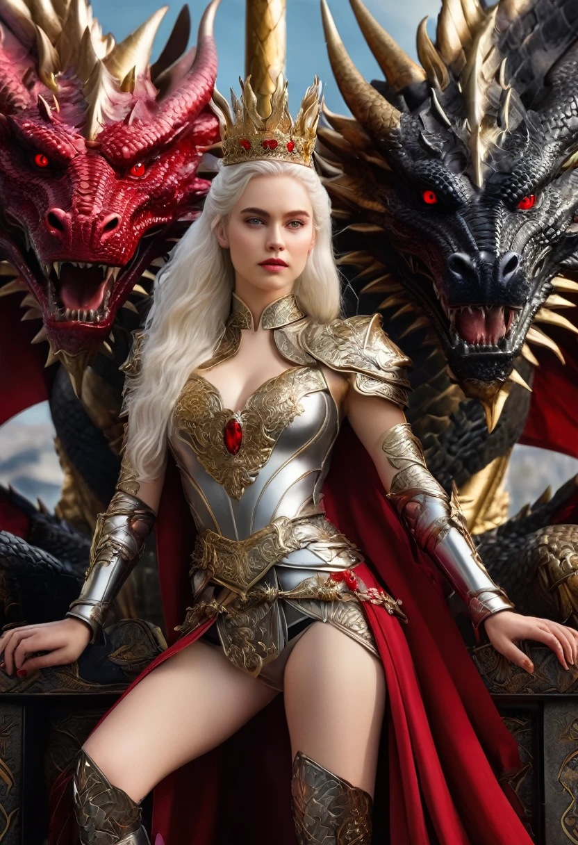 A young 19 year old girl with long white hair and light violet eyes, pale white skin, has her hair in a mini updo with a golden crown with rubies, natural red lips with a small smile, thick bushy white eyebrows and long white eyelashes, stunningly beautiful, wearing a black dress with red and gold embroidered dragons, deep neckline, 170cm tall, standing on an 8 step high platform, behind her is a 190cm tall man with a muscular military-like build, white hair and dark violet eyes, thick white eyebrows, serious expression, wearing golden and silver armor with red and black dragons on the chest, one hand on the woman's waist and the other on the hilt of a sword on his belt, behind them is an iron throne with swords embedded all over, two dragons (one black, one red) behind the throne, and many people kneeling with heads bowed in front of the platform.
(best quality,4k,8k,highres,masterpiece:1.2),ultra-detailed,(realistic,photorealistic,photo-realistic:1.37),beautiful detailed eyes,beautiful detailed lips,extremely detailed eyes and face,longeyelashes,1girl,1man,fantasy portrait,elegant dress,dragon armor,iron throne,kneeling people,dramatic lighting,warm color palette,dramatic shadows,intricate details
