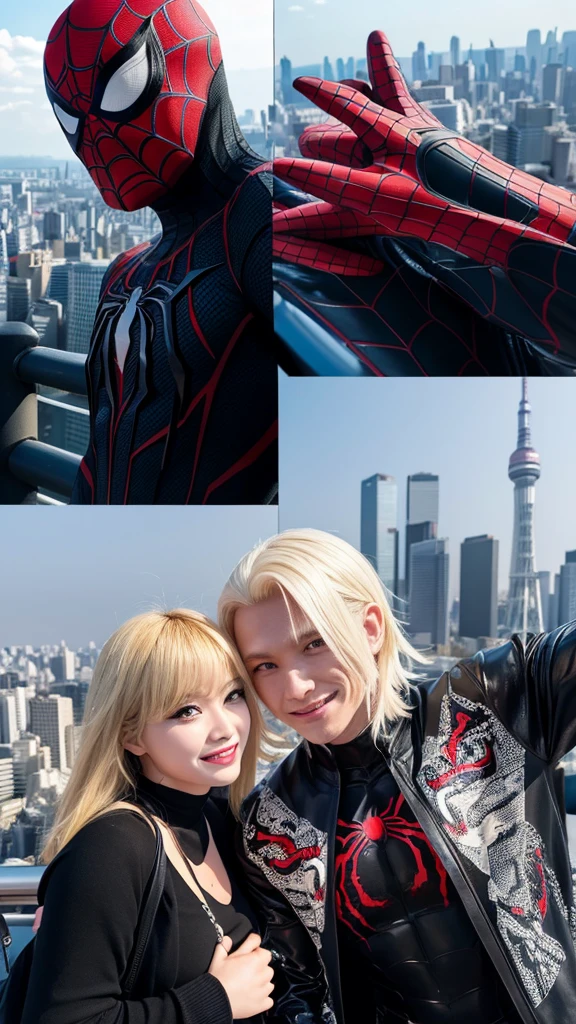 A black-haired beauty transformed into Spider-Man and a blonde beauty transformed into Venom face each other on top of Tokyo Tower.
