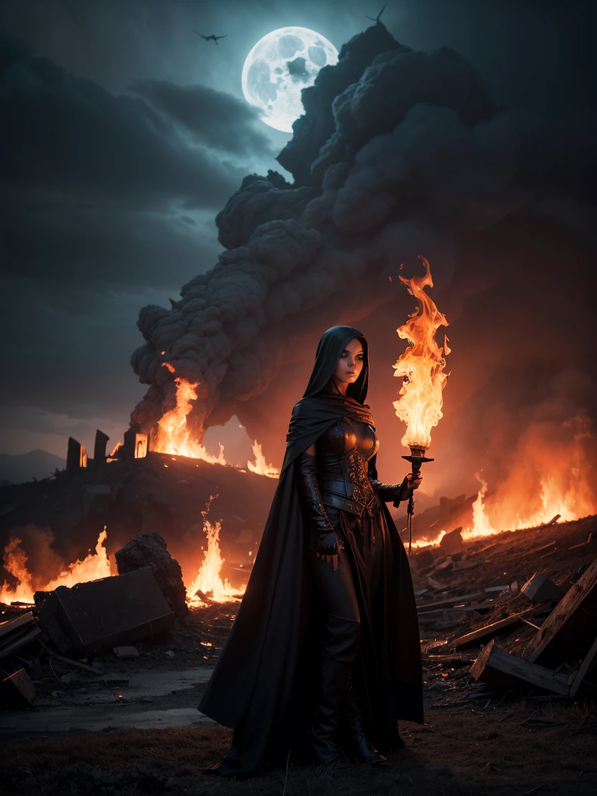 Full body photo of an immortal witch, watching with amusement as the world is destroyed by fire.
(best qualityer,4K,8K,high resolution,work of art:1.2),ultra detali,(realisitic,photorealisitic,photo-realisitic:1.37),black fantasy,haunting,Mesmerizing,fire,catastrophe,burning landscape,sinister atmosphere,devastated cities,dark clouds,enigmatic sorceress,Demonic powers,eyes shining with supernatural energy,flickering flames,dark cape billowing in the wind,sombras sinistras,ancient ruins,sinister ruins,wicked grin,magical aura,burning embers swirling in the air,devastation,apocalypto,haos,Unstoppable strength,swearing,eternal beauty,flickering candlelight,ominous prophecies,guffaws,Mythical creatures,serpent-like dragons,Ruined buildings,Threatening sky in the moonlight,eerie glow,powerful enchantments.