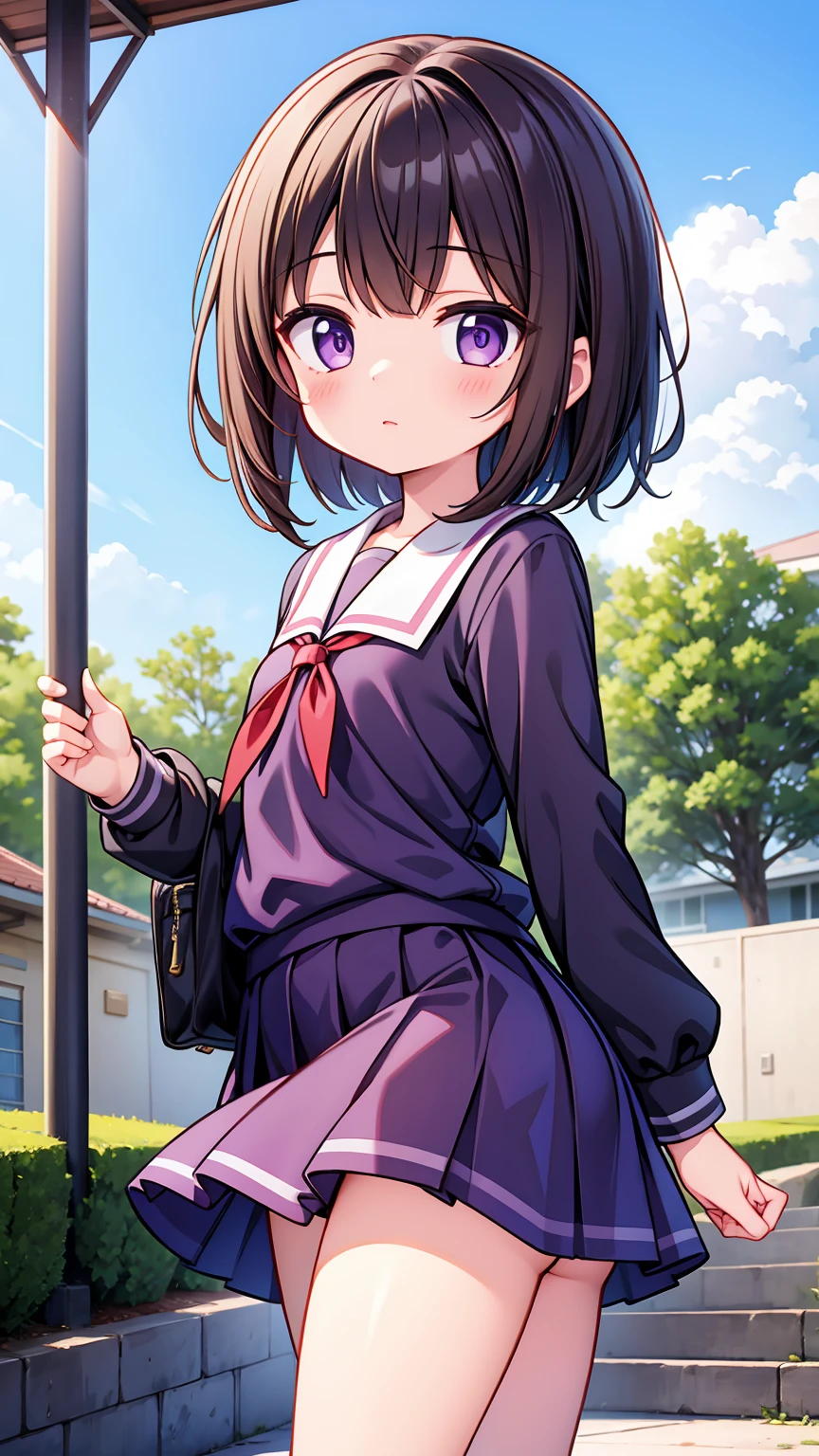 (High quality), (masterpiece), (very detailed), girl, (small chest), short brown hair, purple eyes, shy face, (primary school loli), showing her thighs, on the school yard, sunny, camera angle from below, adorable eyes, (primar school uniform)