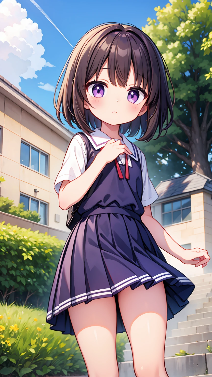 (High quality), (masterpiece), (very detailed), girl, (small chest), short brown hair, purple eyes, shy face, (li), showing her thighs, on the school yard, sunny, camera angle from below, adorable eyes, (primar school uniform)