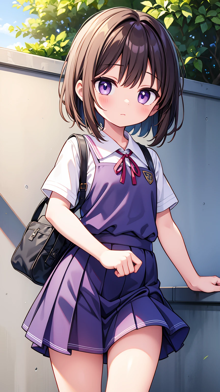 (High quality), (masterpiece), (very detailed), girl, (small chest), short brown hair, purple eyes, shy face, (primary school loli), showing her thighs, on the school yard, sunny, camera angle from below, adorable eyes, (primar school uniform)