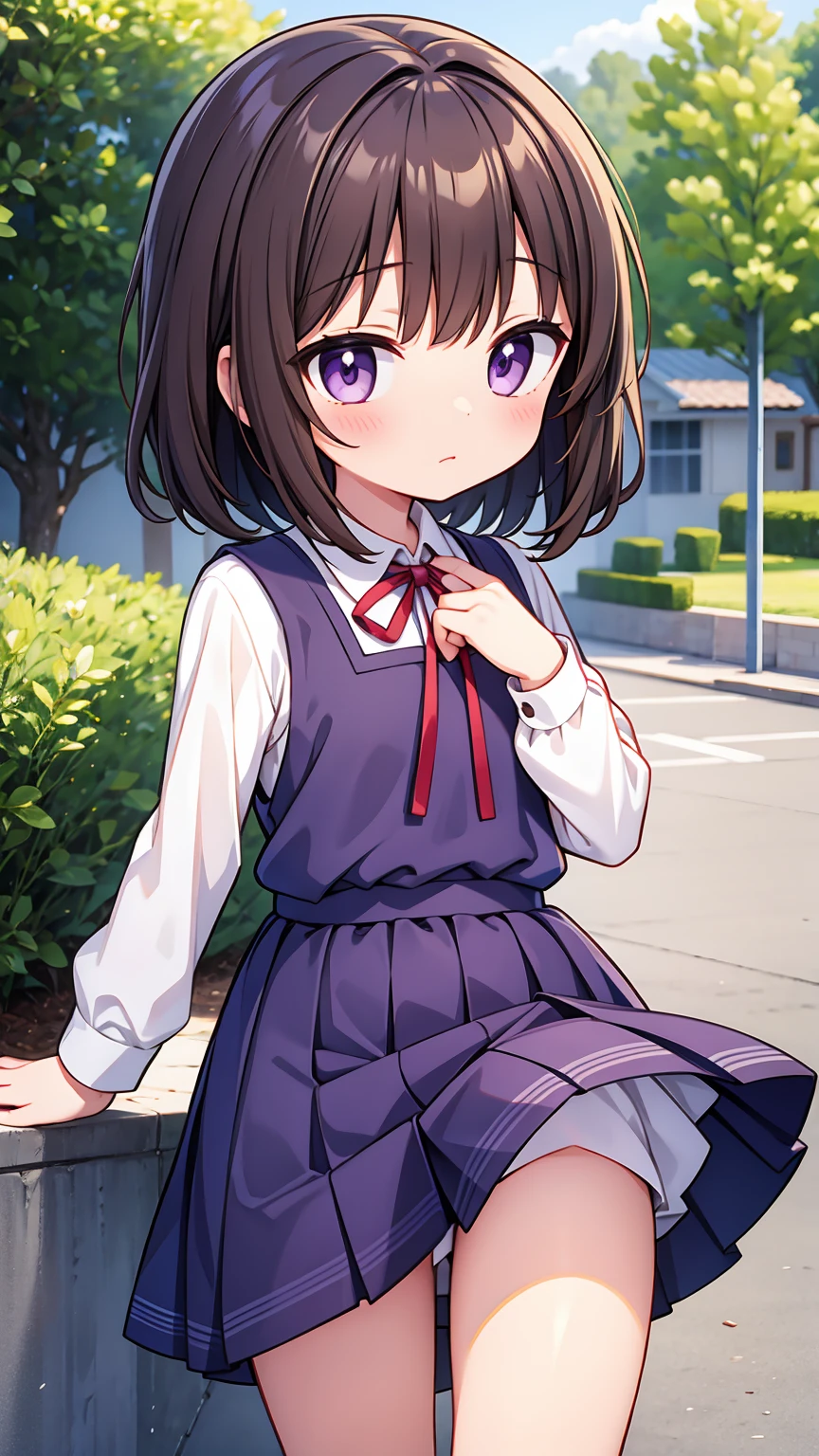 (High quality), (masterpiece), (very detailed), girl, (small chest), short brown hair, purple eyes, shy face, (primary school ), showing her thighs, on the school yard, sunny, camera angle from below, adorable eyes, (primar school uniform)