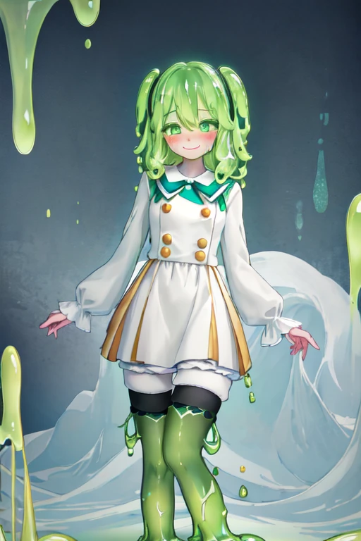 a beautifully detailed slime girl with luminous green eyes, blushing cheeks, and a warm smile, standing gracefully in a masterpiece-level illustration, ultra-detailed and high-resolution, 1girl, kneesocks