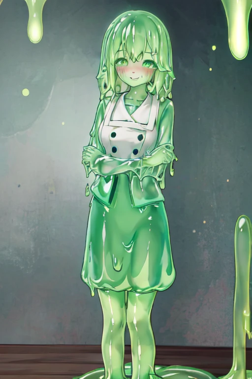 a beautifully detailed slime girl with luminous green eyes, blushing cheeks, and a warm smile, standing gracefully in a masterpiece-level illustration, ultra-detailed and high-resolution, 1girl, kneesocks