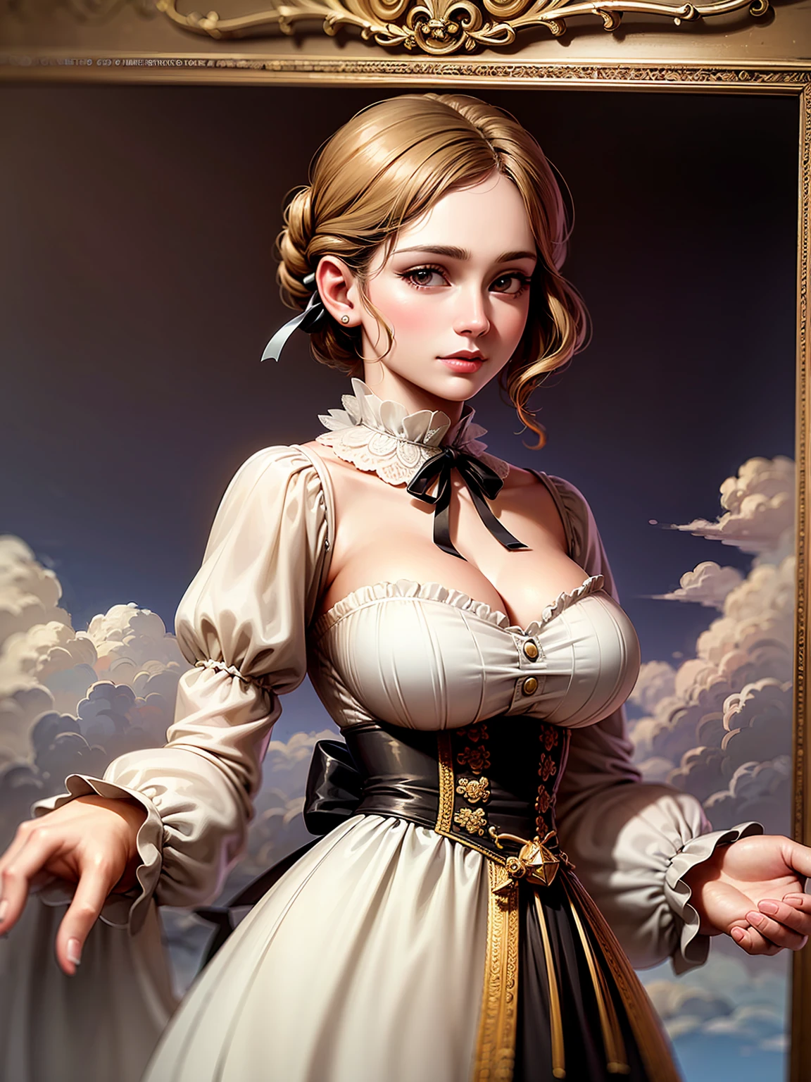 (Highest quality、16K、masterpiece、Ultra-high resolution、Victorian era、Photorealistic:1.2)、Cowboy Shot、One-length bob cut braided hair clip with front drop、Big ribbon、Stylish dresses from the brand、Dressy styles that are glamorous and pretty, with an emphasis on cuteness, bright shades and pop designs、cute、clear、 Tsundere、Heroine&#39;s Attributes、Artistic shading、Perfect Face、Detailed portrait、
