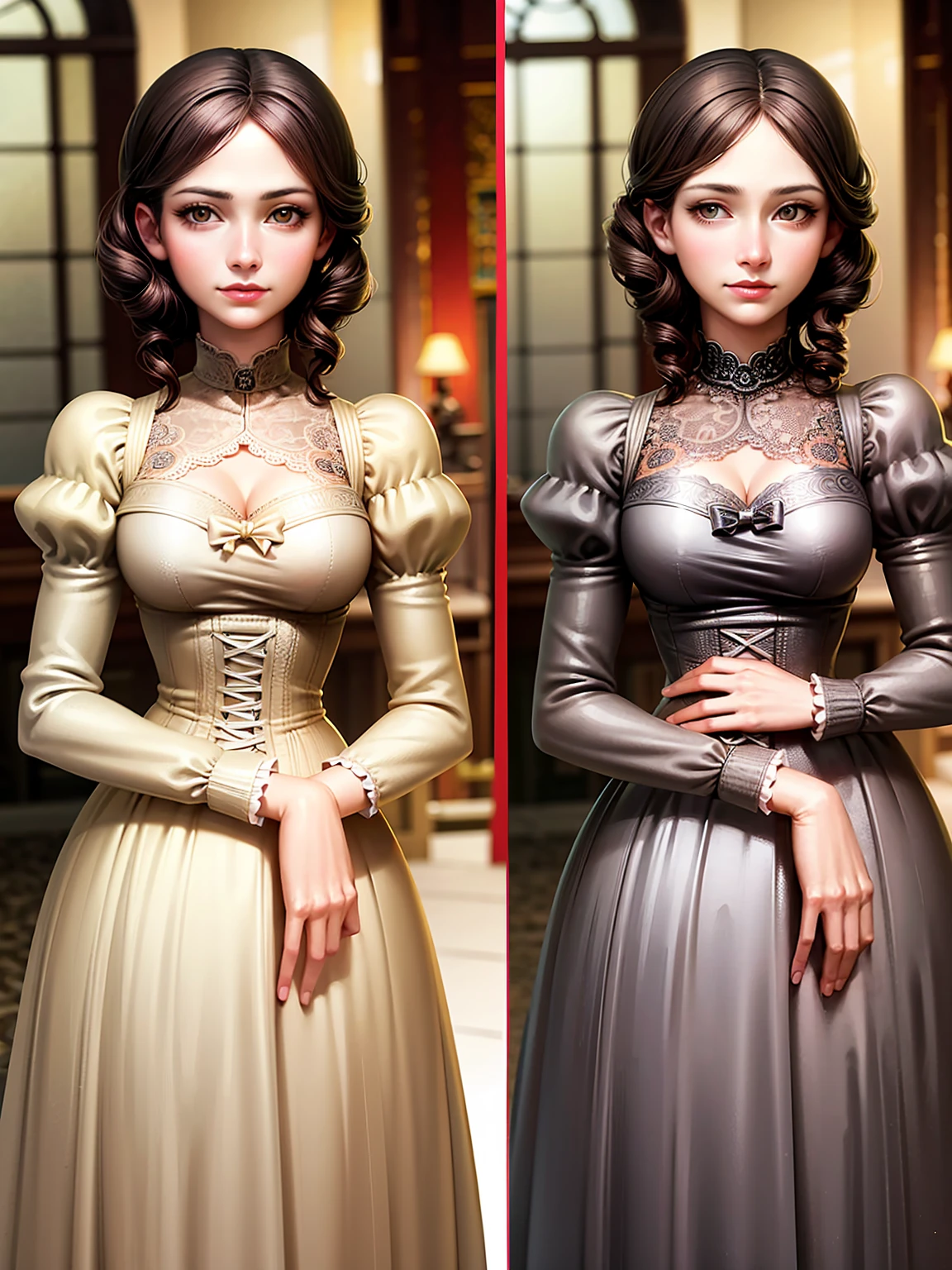 (Highest quality、16K、masterpiece、Ultra-high resolution、Victorian era、Photorealistic:1.2)、Cowboy Shot、One-length bob cut braided hair clip with front drop、Big ribbon、Stylish dresses from the brand、Dressy styles that are glamorous and pretty, with an emphasis on cuteness, bright shades and pop designs、cute、clear、 Tsundere、Heroine's Attributes、Artistic shading、Perfect Face、Detailed portrait、