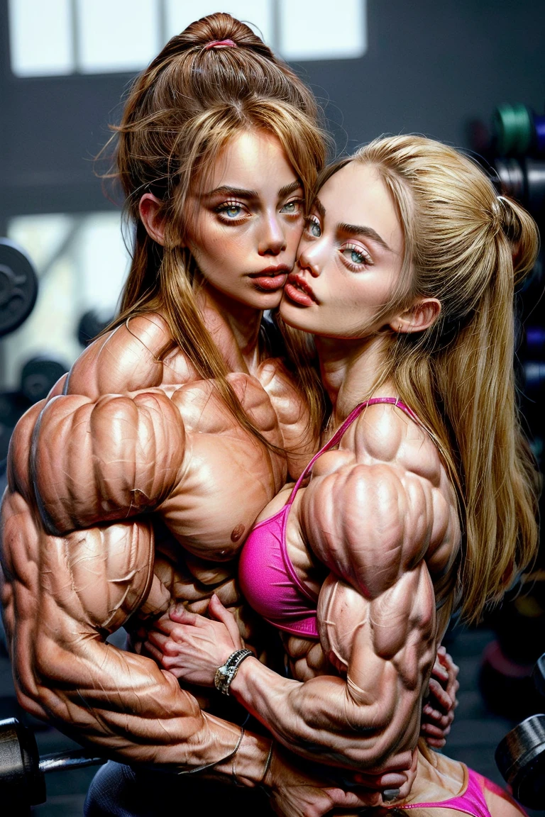 (2 girls body builders:1.6), ((masterpiece)), best quality, ultra-detailed:1.7, finely detail, high resolution:1.6, perfect dynamic composition, beautiful detailed faces:1.77, blonde babes:1.88, perfect red lipstick, perfect makeup:1.8, short denim bikini , large breasts:1.4, lovely look:1.7, gorgeous face:1.6, defined muscles:1.4, beautiful faces:1.8, alessandra ambrossio, izabel goulart, Kate Upton, Gigi Hadid, candice swanpoel ,popped out dense veins on muscles:1.8, hyper detailed picture:1.4, 8k resolution: 1.7, flex muscles:1.3, hyper muscular body shape:1.42, photorealistic:1.5, realistic:1.6, face masterpiece:1.74, good and professional lighting on picture:1.38, Ukrainian-Moroccan muscle beauty goddess, masterpiece 22 years old Ariana Grande and Jennifer Lopez as bodybuilders, extremely high resolution, hyper feminine beauty , hyper realistic texture , extra large , hyper muscularity, hyper vascularity, ass of titanium, muscles of steel, ripped body shape, ripped sexy ass with bikini, muscular ass , topless, kissing, good face details, hyper face detailing, doing sex, super romantic moment, hyper romantic, romantic kiss, nude females, perfect symmetrical face, sexy french kiss with tongues, serious muscle posing, exaggerated muscular body, extremely shredded, flexing and posing muscles as bodybuilder, exaggerated veins on biceps