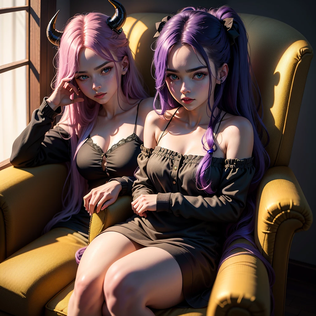 (8k, Raw photo, best quality, masterpiece), ultra high resolution, (realistic, photorealistic), 1 girl, 18 years old, emotionless, only, long purple hair tied, blue eyes, black horns, Waifu. Big ((95C)) very thin and perfect body
Professional lighting, Detailed lighting, backlighting, depth of field, Natural lighting, intense concentration, selfie, Detailed eyes, realistic eyes, detailed shadow.
In casual, sitting in an armchair, sexy pose, holding her lip