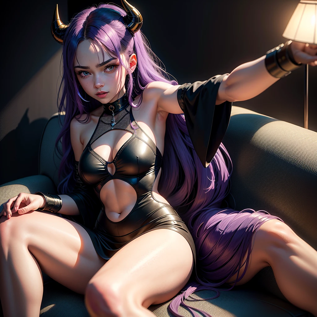 (8k, Raw photo, best quality, masterpiece), ultra high resolution, (realistic, photorealistic), 1 girl, 18 years old, emotionless, only, long purple hair tied, blue eyes, black horns, Waifu. Big ((95C)) very thin and perfect body
Professional lighting, Detailed lighting, backlighting, depth of field, Natural lighting, intense concentration, selfie, Detailed eyes, realistic eyes, detailed shadow.
In casual, sitting in an armchair, sexy pose, holding her lip