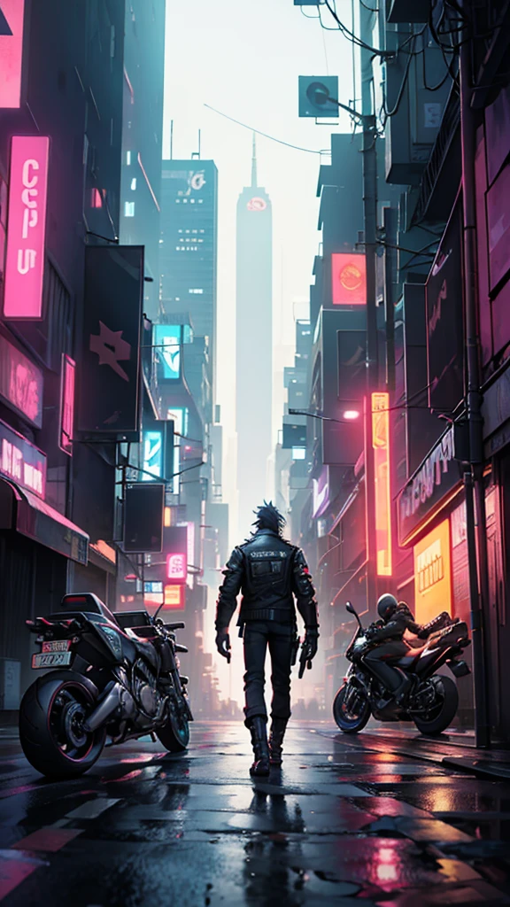 Cyberpunk Man standing in middle of road with a classic motorcycle, dystopian city far in the background