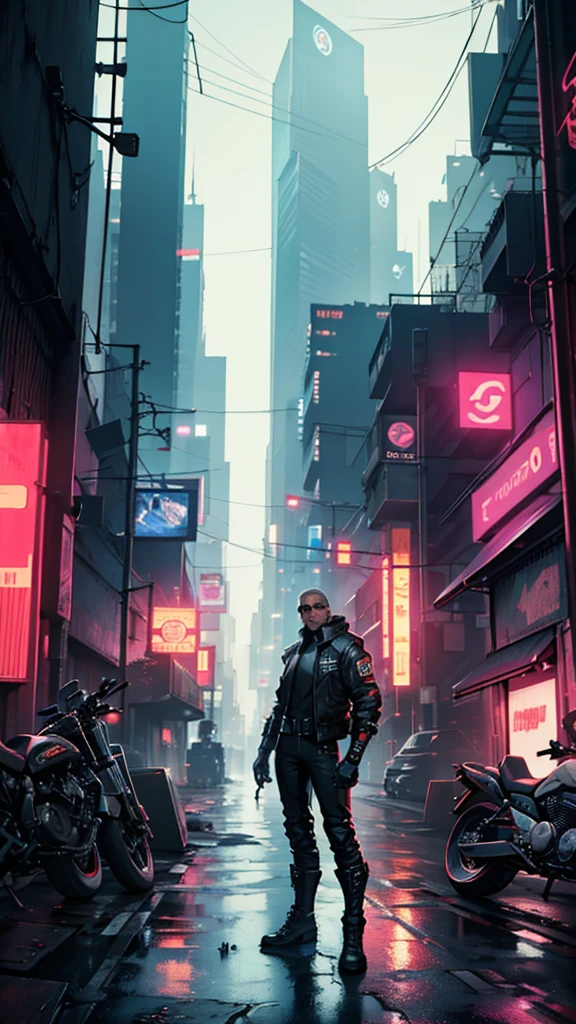 Cyberpunk Man standing in middle of road with a classic motorcycle, dystopian city far in the background