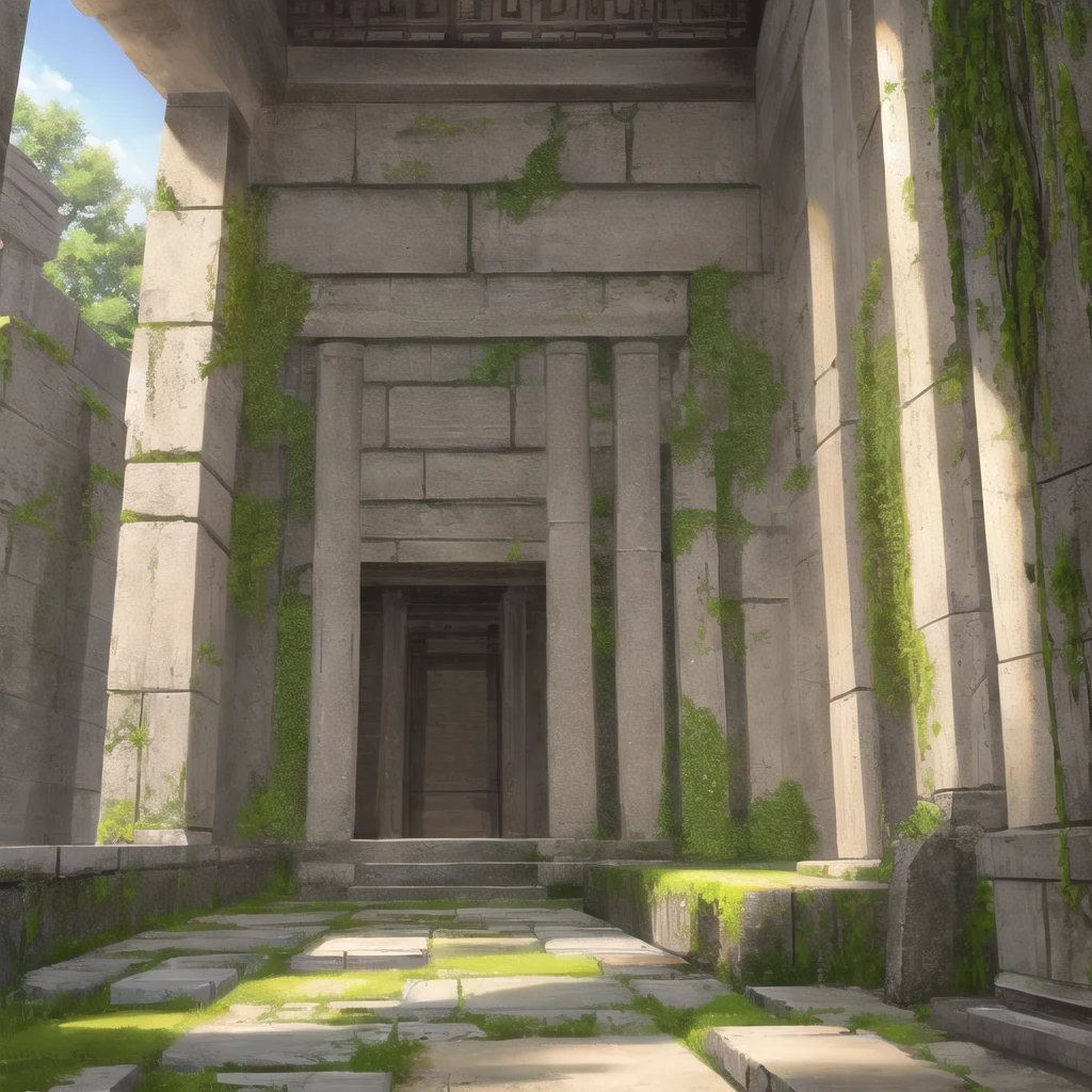 hand drawn image of a flat mossy wall inside an ancient temple