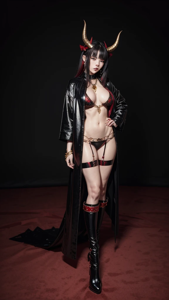 A sexy red demon woman, black horns, sexy black robe with red accents and gold chains, black open pants layering over a red shorts, full bodied, full black background, full body view, 4k, highly detailed