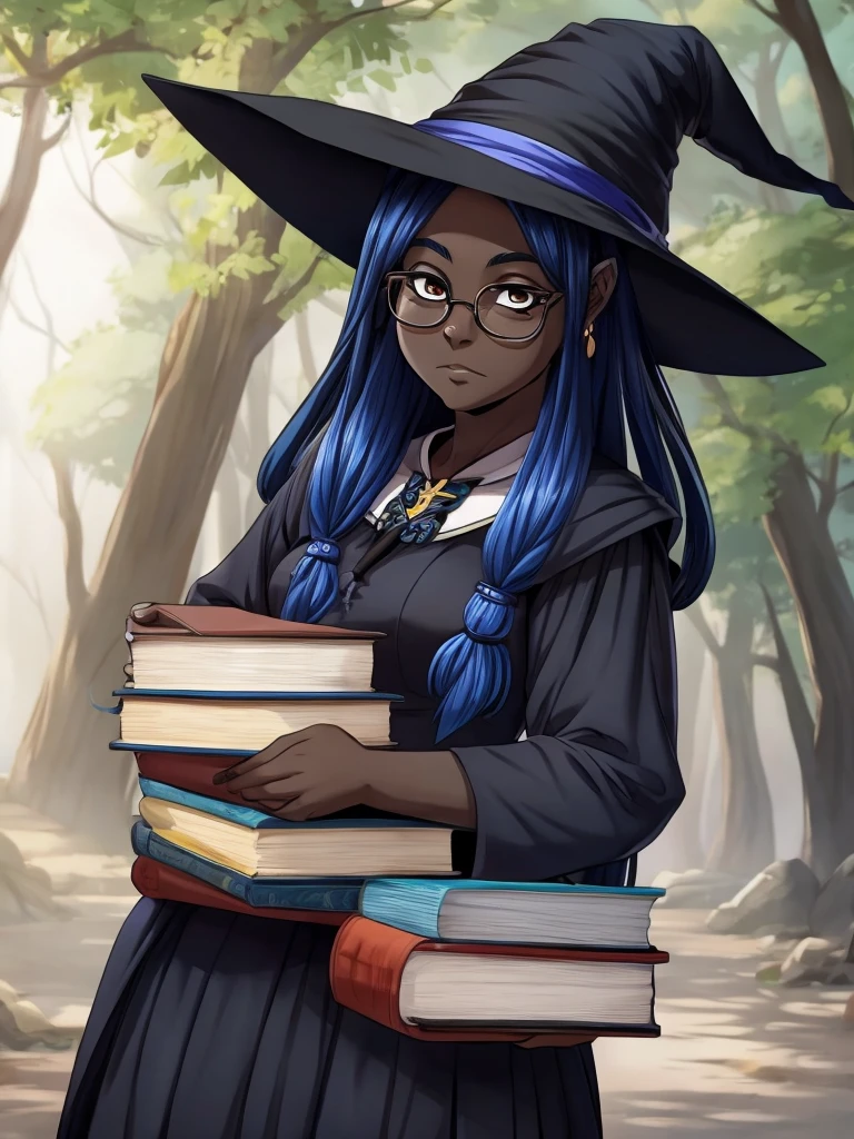 uma garota negra, with blue braids, who wears glasses, carrying books in hands, with manhwa style witch uniform
