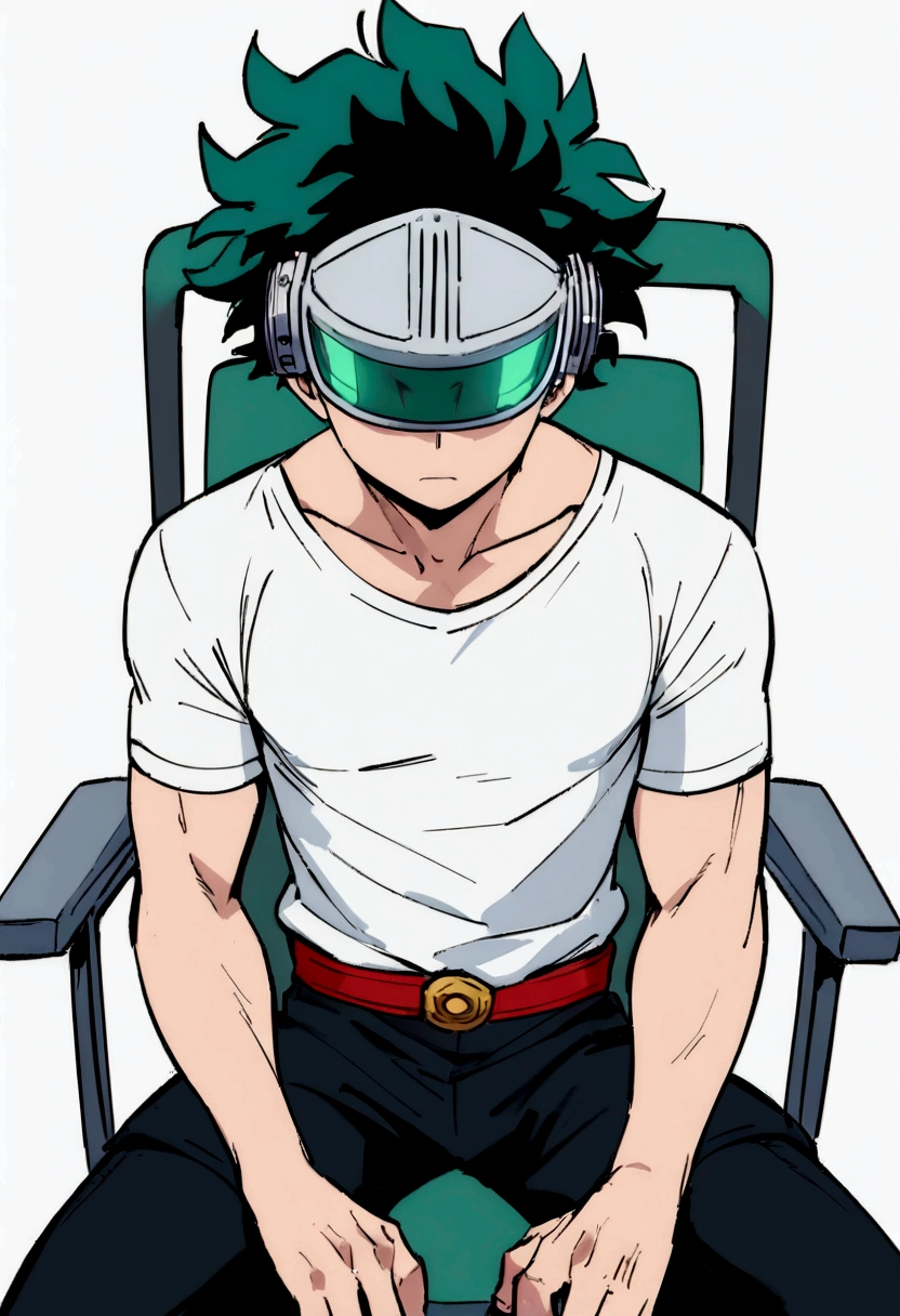 (masterpiece, best quality:1.2), solo, male focus, 1boy, midoriya izuku, short green hair, green eyes, white t-shirt, black shorts, domed helmet with visor covering eyes, mind control device, blank expression, relaxed body posture, sitting in chair, anime style, my hero academia style