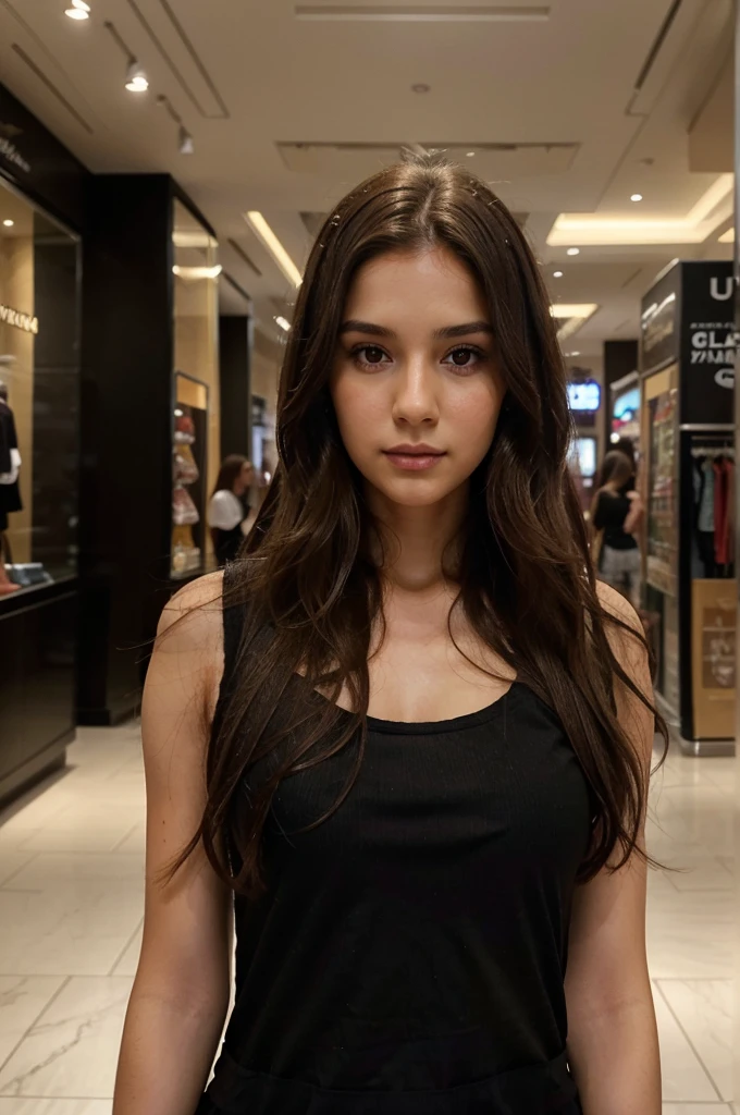 A woman with long, wavy brown hair and subtle makeup is wearing a black top, in the mall, fashion, ultra qwality, different background. Her expression is calm and composed, 8k, instagram post,