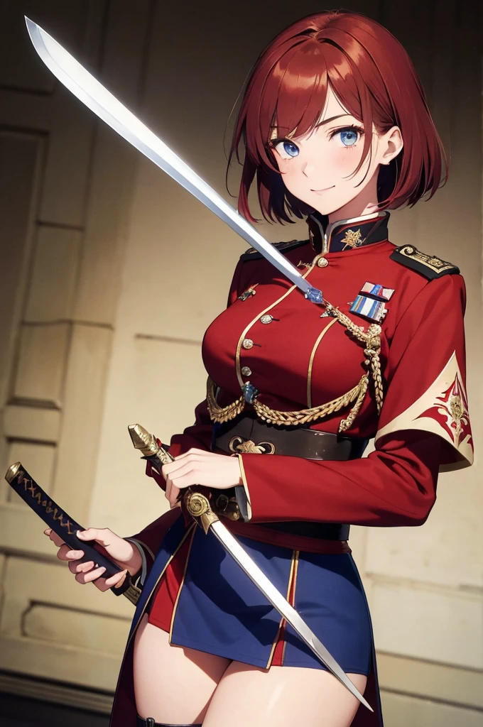 8K High Resolution、(((masterpiece)))、Anime Art、20 year old beauty、Fearless smile、Redhead short cut、167㎝、Small breasts、Blue Eyes、Imposing eyebrows、(((crimson military uniform)))、Vienna in the late 19th century、Austrian Army Officer、Silver rose ornament on chest、Beige knee-length skirt、Black boots、A Japanese sword hangs from his waist