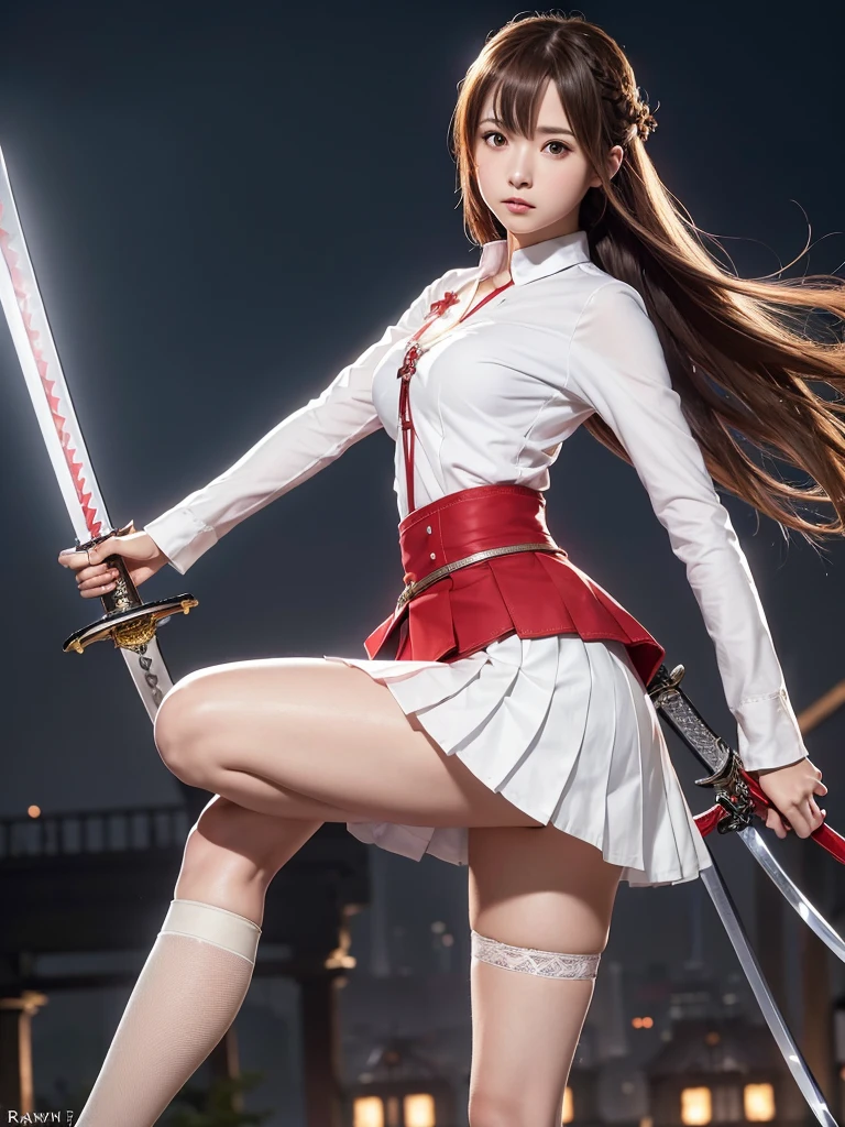 ((RAW image quality:1.4)), Asuna Yuki(Sword Art Online), dynamic angle, long bronze hair,Braid,brown eyes,fine eyes,big chest line,roll to the front,armature,chest flap,long sleeve white shirt,removed sleeve,red and white skirt,pleated skirt,lively,Her thin legs are so cute.,very beautiful long legs.,white stockings,garter,perfect body,lively,Are standing,lean forward a little.,high heels,city, ((Battle pose with long sword:1.4)), ((RAW image quality:1.4))
