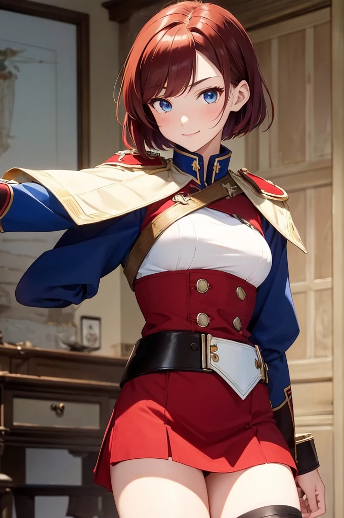 8K High Resolution、(((masterpiece)))、Anime Art、20 year old beauty、Fearless smile、Redhead short cut、167㎝、Small breasts、Blue Eyes、Imposing eyebrows、(((crimson military uniform)))、Vienna in the late 19th century、Austrian Army Officer、Silver rose ornament on chest、Beige knee-length skirt、Black boots、A Japanese sword hangs from his waist