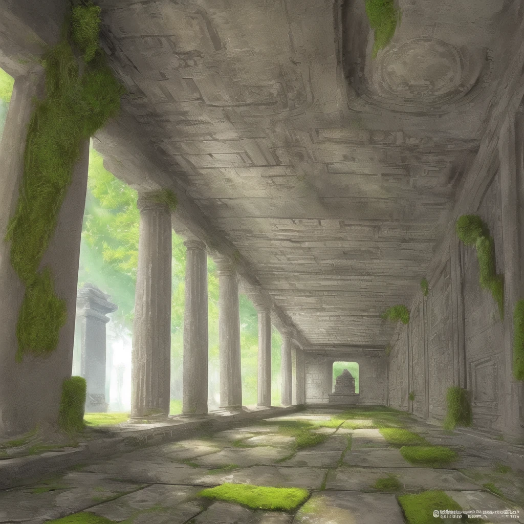 hand drawn image of a flat mossy wall inside an ancient temple