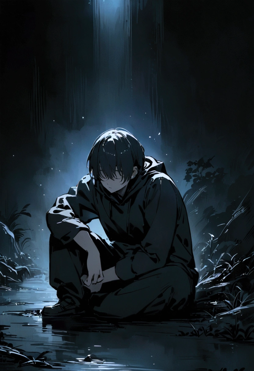 Depressed man in black hoodie, Person sitting on the side of the road at night, Think, with his face not visible, a background in contrast to it