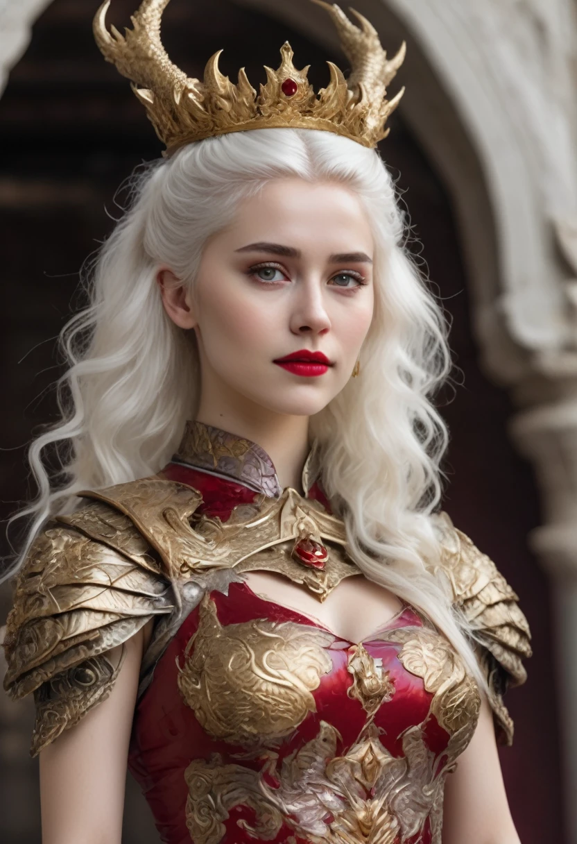 Woman with white hair and light violet eyes, very white skin, about 19 years old, has a mini updo in her hair with a gold crown with rubies, has natural red lips with a mini smile and very thick white eyebrows with She has long white eyelashes and is too beautiful. She has a black and red dress with dragons embroidered in gold and the dress has a deep neckline. Her chest is one meter and seventy centimeters tall. She is standing on a high platform with 8 steps behind her. There is a man of one meter and ninety centimeters, he has a military body with broad shoulders, he has white hair and dark violet eyes with very bushy white eyebrows, his features are serious, he is dressed in gold and silver armor and he has Two dragons drawn on the chest in red and black have one hand on the woman&#39;s waist and the other on the handle of a sword that she has on a belt on her hips. Behind them there is an iron throne with swords embedded in it. Everywhere behind the throne there are two dragons, one black and one red, under the platform of 8 steps in front of it there are many people kneeling with their heads bowed. 