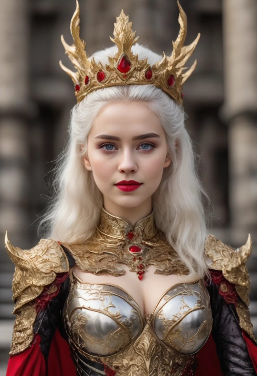 Woman with white hair and light violet eyes, very white skin, about 19 years old, has a mini updo in her hair with a gold crown with rubies, has natural red lips with a mini smile and very thick white eyebrows with She has long white eyelashes and is too beautiful. She has a black and red dress with dragons embroidered in gold and the dress has a deep neckline. Her chest is one meter and seventy centimeters tall. She is standing on a high platform with 8 steps behind her. There is a man of one meter and ninety centimeters, he has a military body with broad shoulders, he has white hair and dark violet eyes with very bushy white eyebrows, his features are serious, he is dressed in gold and silver armor and he has Two dragons drawn on the chest in red and black have one hand on the woman&#39;s waist and the other on the handle of a sword that she has on a belt on her hips. Behind them there is an iron throne with swords embedded in it. Everywhere behind the throne there are two dragons, one black and one red, under the platform of 8 steps in front of it there are many people kneeling with their heads bowed. 