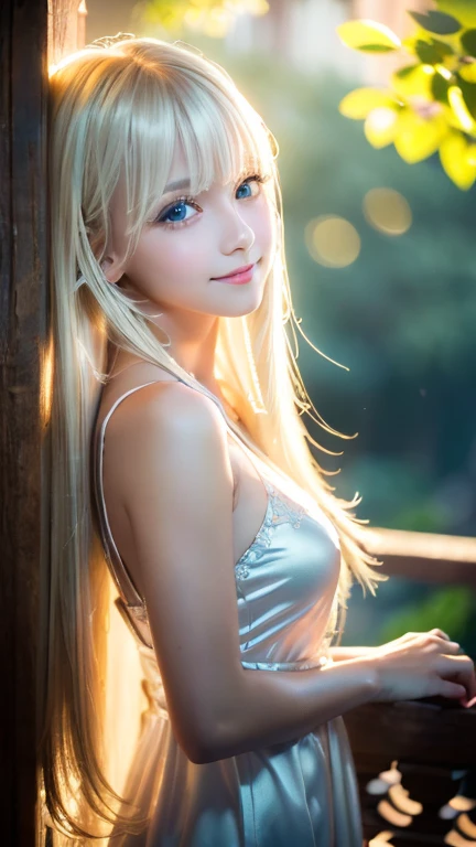 A light smile、night、Live Shooting、(((Portraits of extreme beauty)))、((Glowing Skin))、1 girl、Beautiful  girl from Prague、((Bright platinum blonde hair))、[blue eyes]、Shiny, glossy skin、Silky super long straight hair、eyeliner、Bangs are long、Hair between the eyes、Dancing Hair、((masterpiece、最high quality、Super detailed、Film Light、Intricate details、High resolution、8K、Very detailed))、Detailed Background、8K UHD、Digital SLR、Soft Light、high quality、Film Grain、Fuji XT3 、Shallow depth of field、Natural light、（hand talk）、Looking up、Droopy eyes、